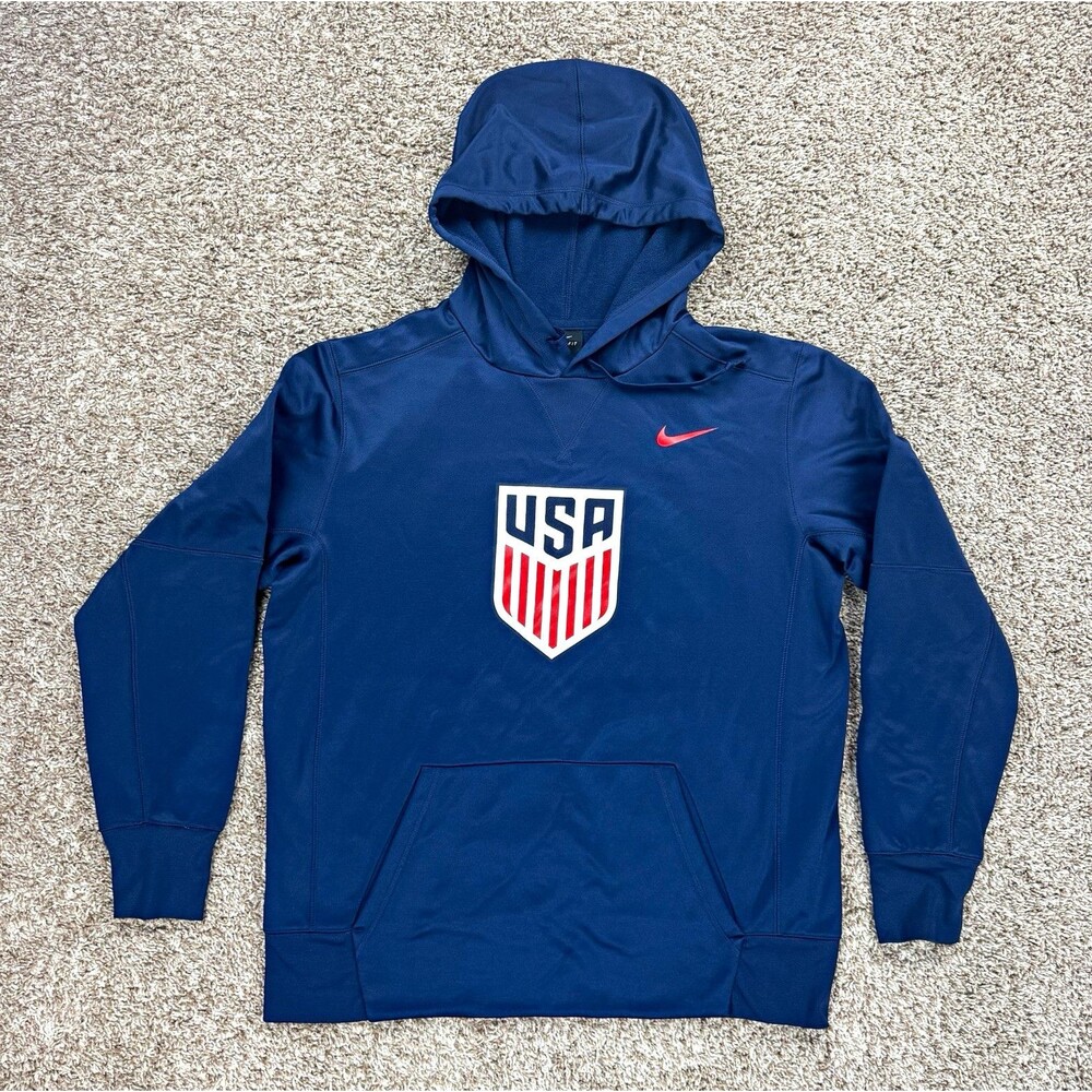 Nike Therma USA Soccer Hoodie Mens Large Navy Crest Logo Pullover USMNT Fleece
